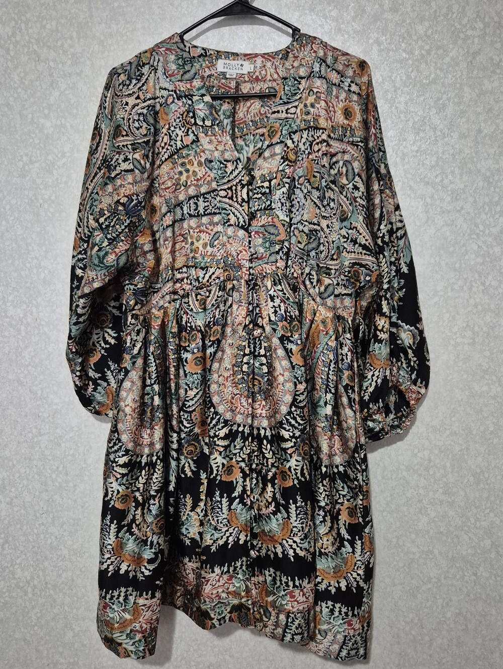 Molly Bracken Black Multicolor Paisley Button Dress:Size:L